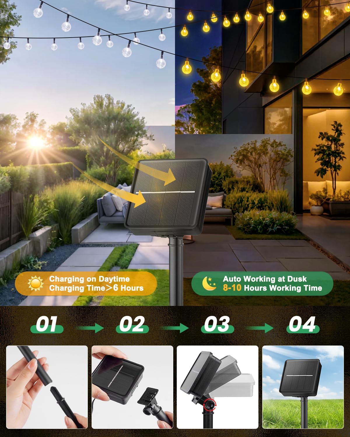 12M 100LEDs Solar Globe Lights Waterproof Outdoor Solar Garden Fairy String Lights