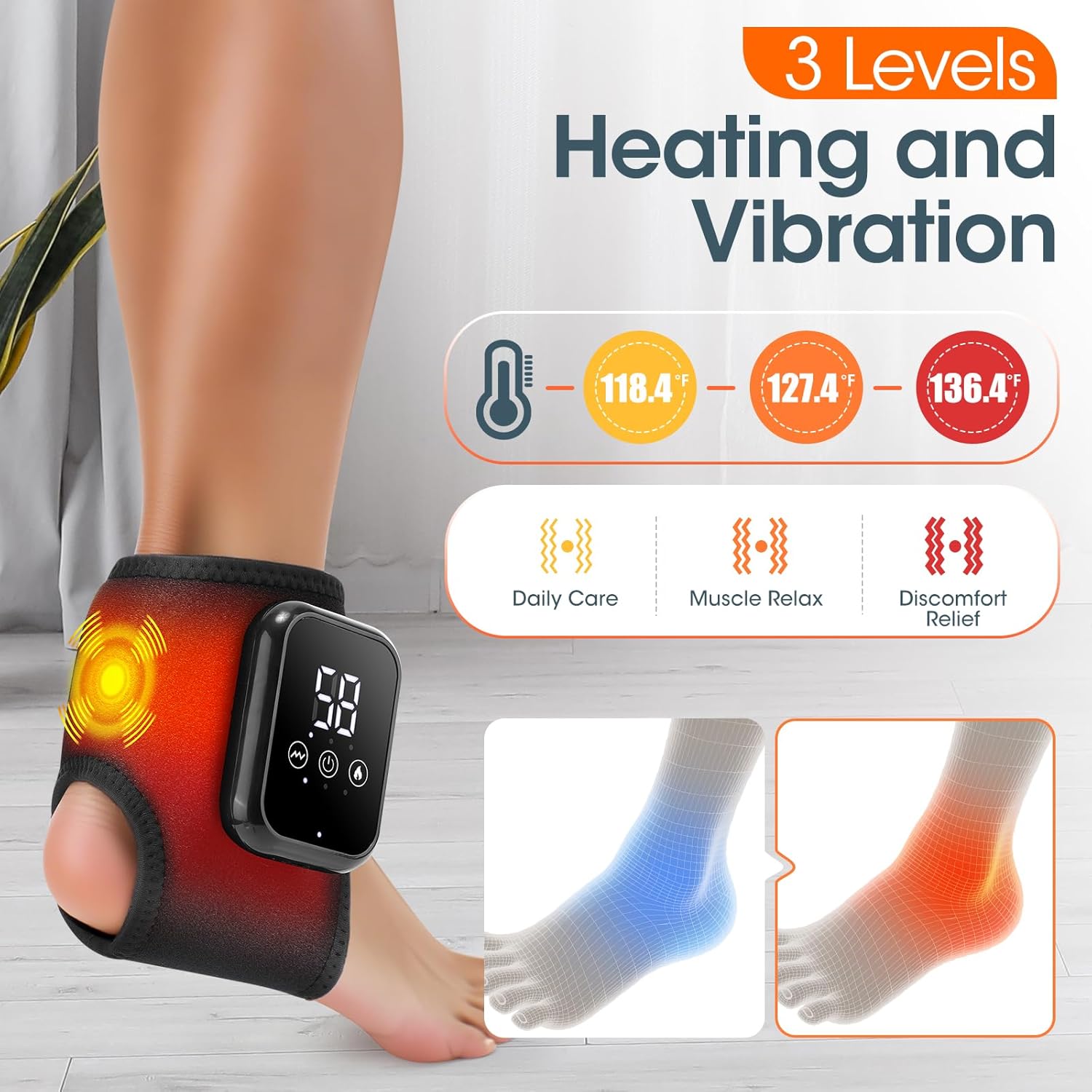Rechargeable Electric Heating Foot Ankle Brace with Vibration Massage 3 Heat Levels & 3 Massage Modes Massagers