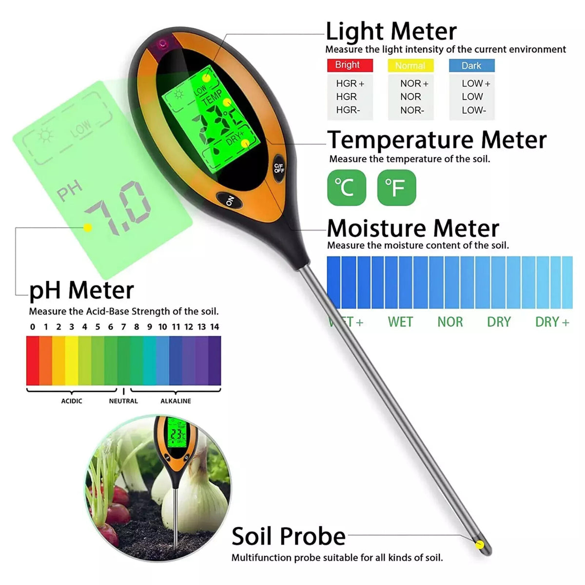 PH Temperature Moisture Sunlight Test Meter 4-in-1 Soil Tester