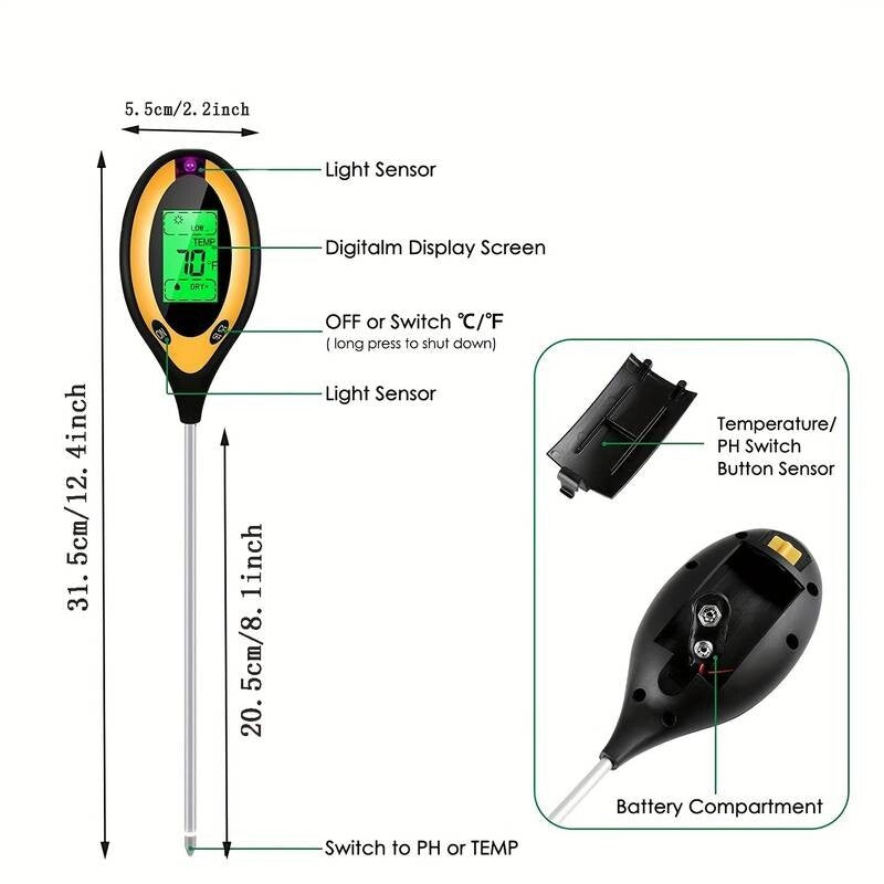 PH Temperature Moisture Sunlight Test Meter 4-in-1 Soil Tester