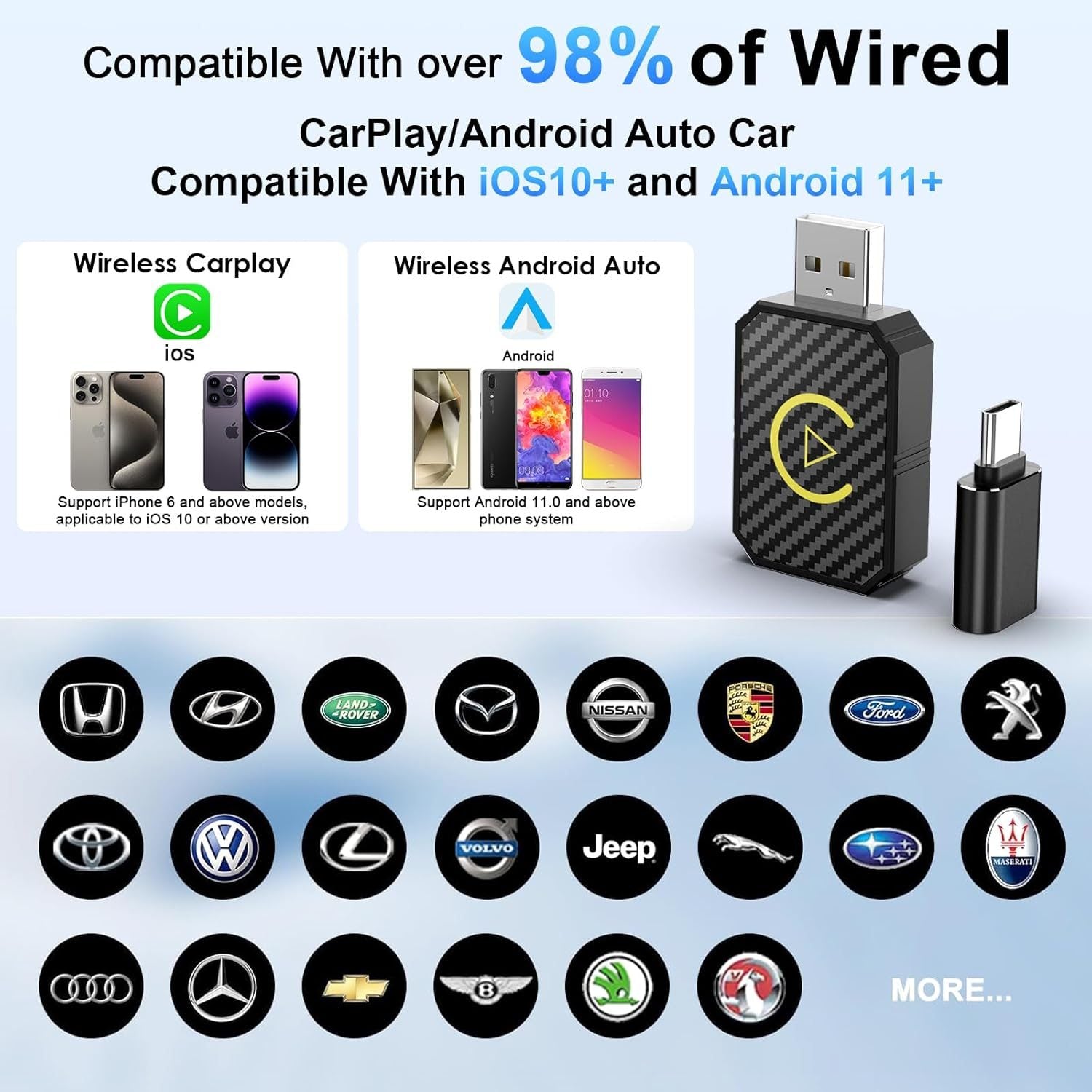 Wired to Wireless CarPlay Android Auto Adapter Bluetooth 5.2