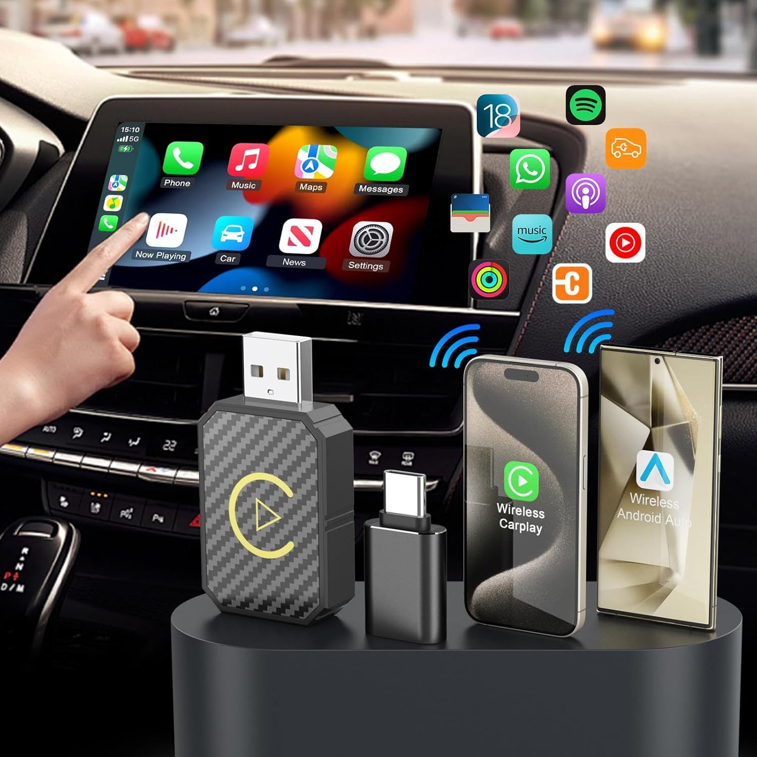 Wired to Wireless CarPlay Android Auto Adapter Bluetooth 5.2