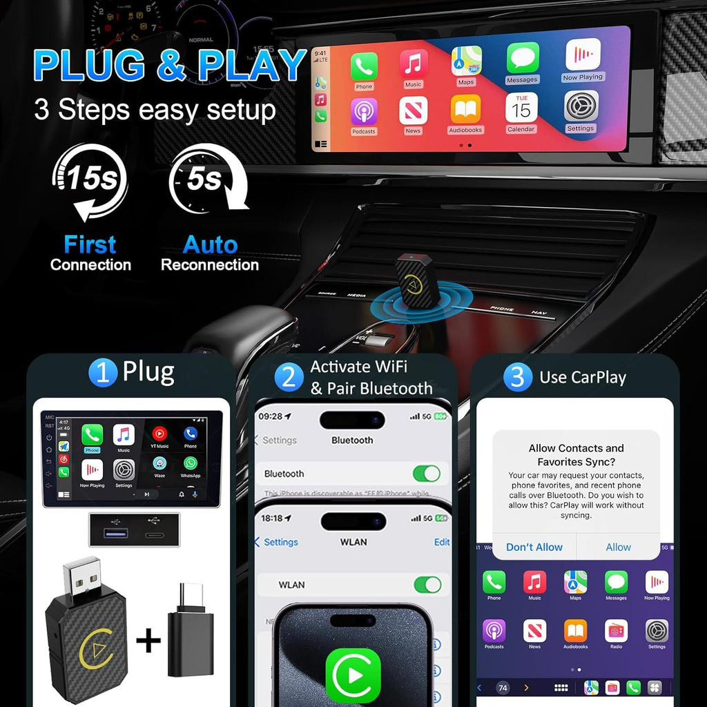 Wired to Wireless CarPlay Android Auto Adapter Bluetooth 5.2