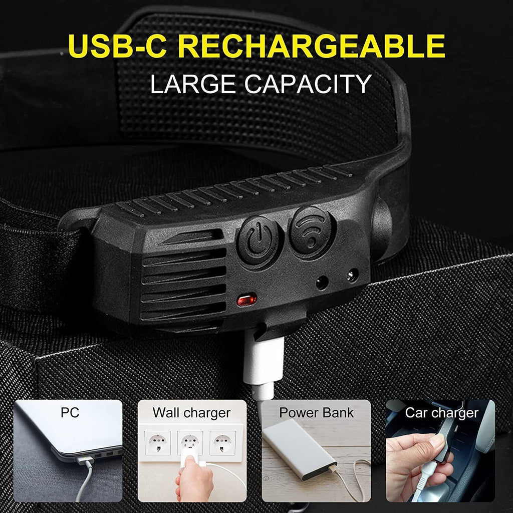 LED Headlamp Rechargeable for Running, Lightweight Head Torch with Wide Beam, USB Charging (Black)