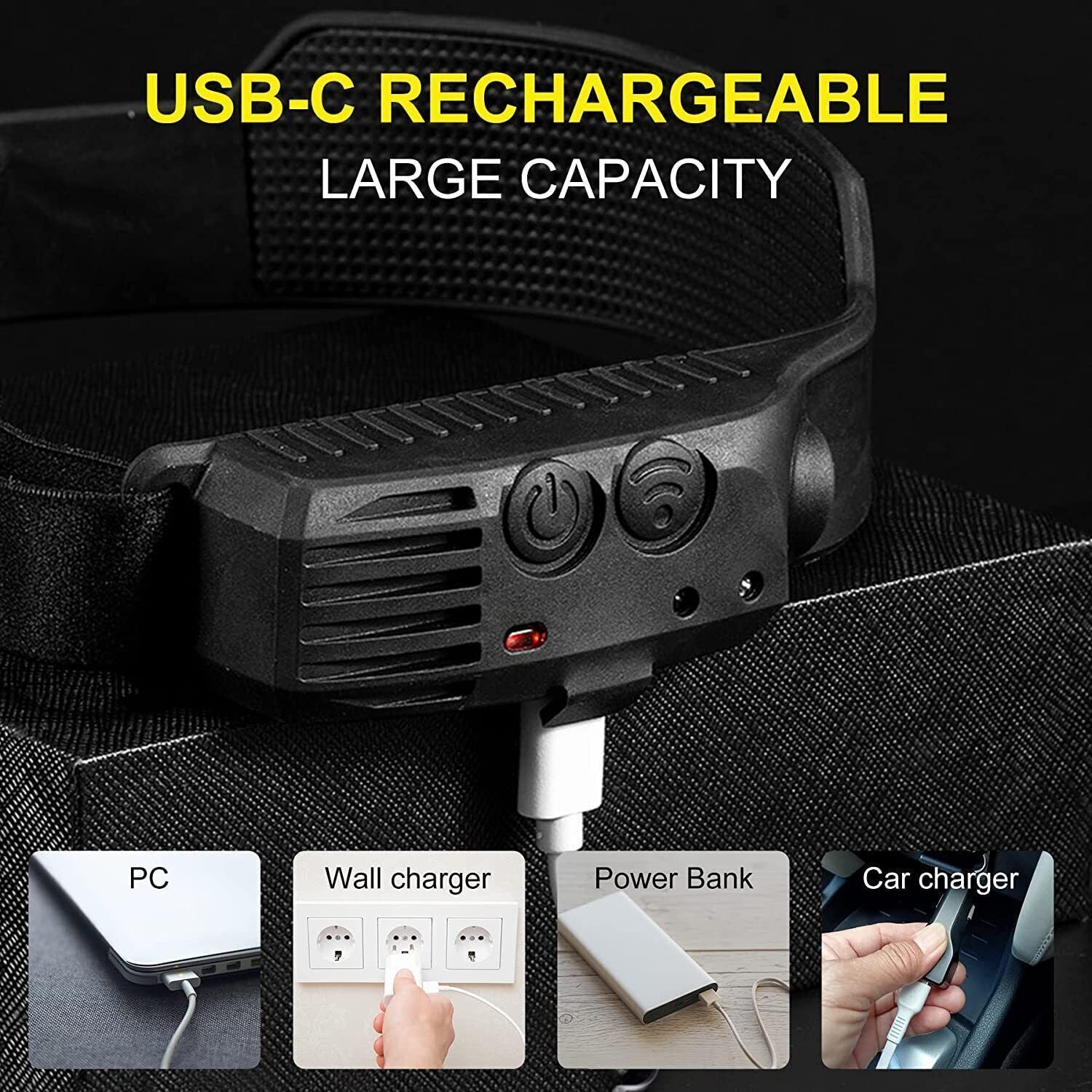 LED Headlamp Rechargeable for Running, Lightweight Head Torch with Wide Beam, USB Charging (Black)