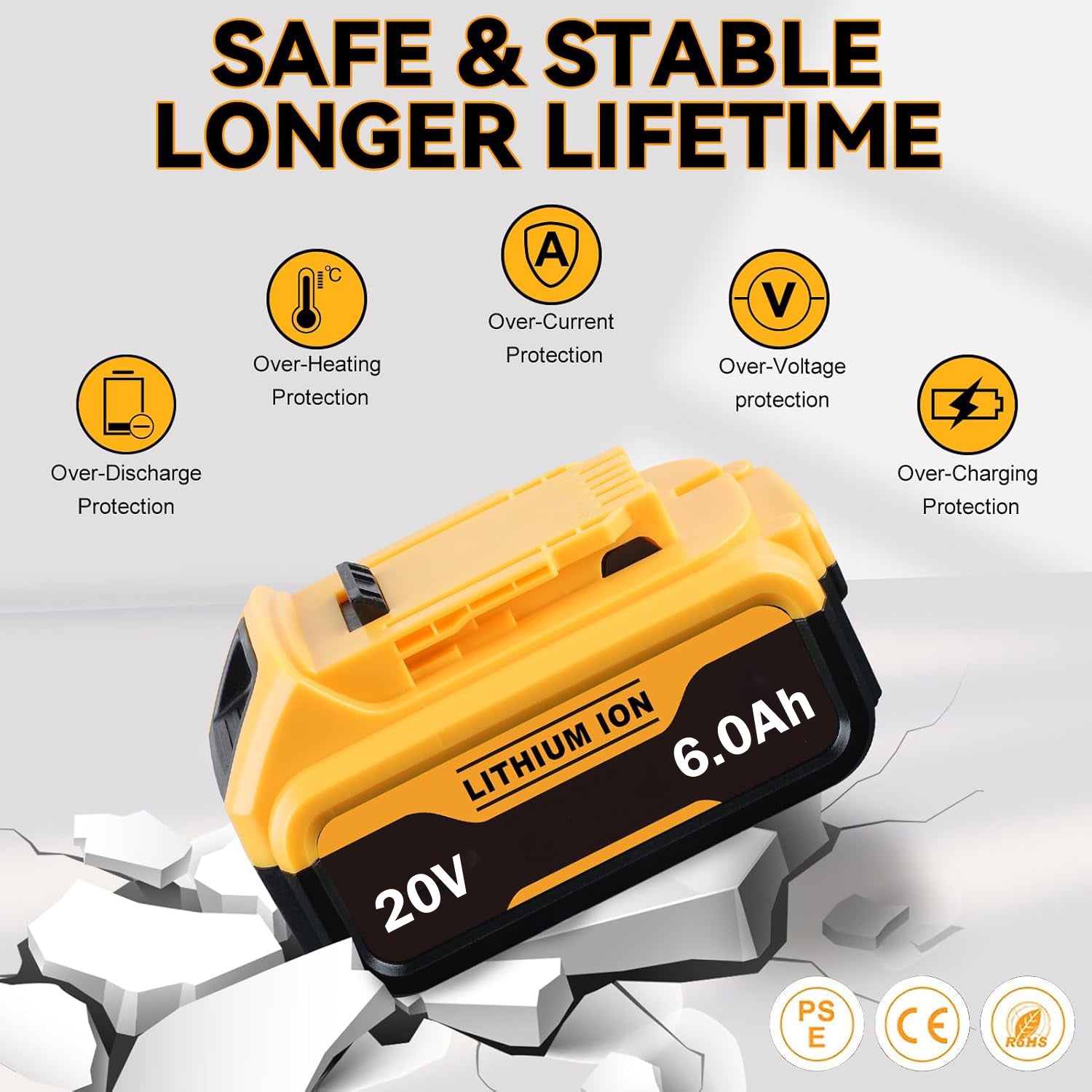 20V 6.0Ah Replacement Battery Compatible with DeWalt DCB Series Li-ion for 20V Tools