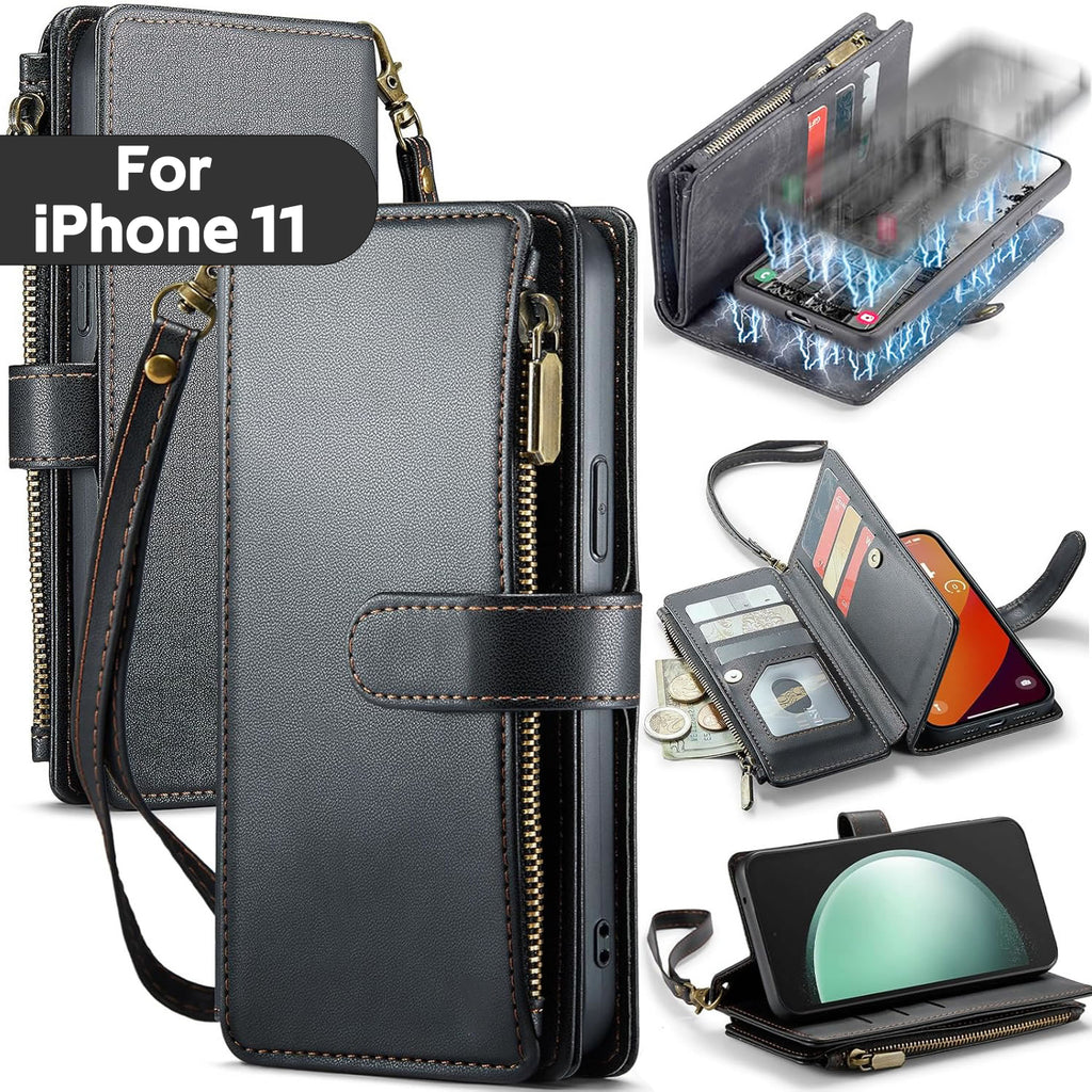 iPhone 11 Case RFID-Blocking Detachable Zip Wallet Card Cover BLACK