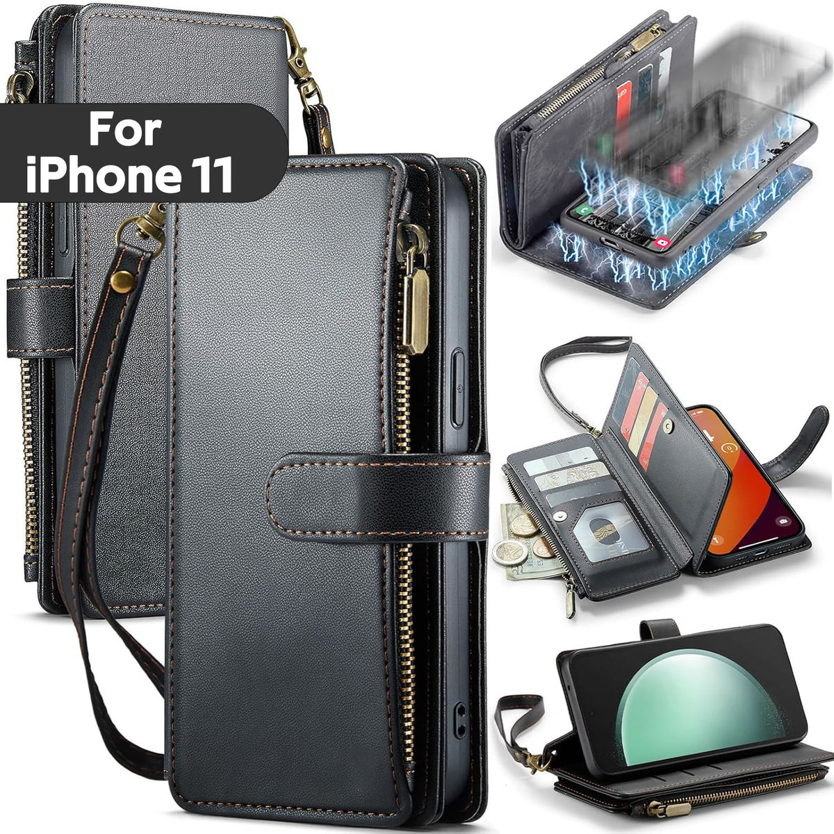 iPhone 11 Case RFID-Blocking Detachable Zip Wallet Card Cover BLACK