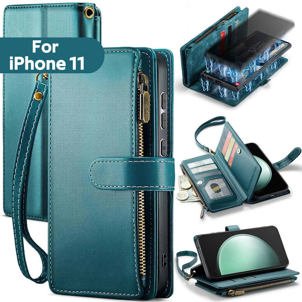 iPhone 11 Case RFID-Blocking Detachable Zip Wallet Card Cover GREEN