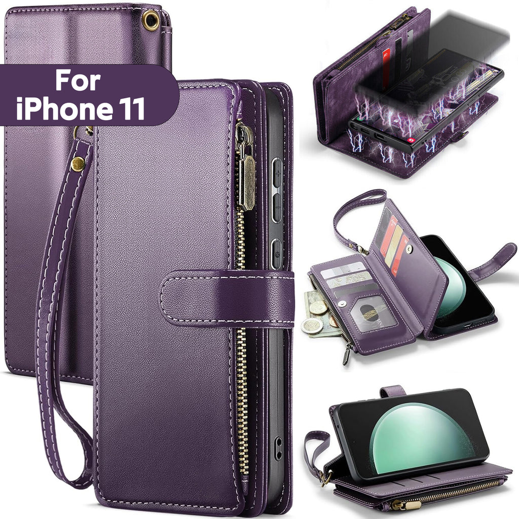 iPhone 11 Case RFID-Blocking Detachable Zip Wallet Card Cover PURPLE