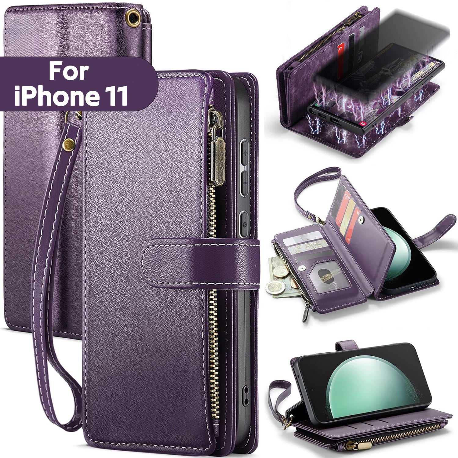 iPhone 11 Case RFID-Blocking Detachable Zip Wallet Card Cover PURPLE