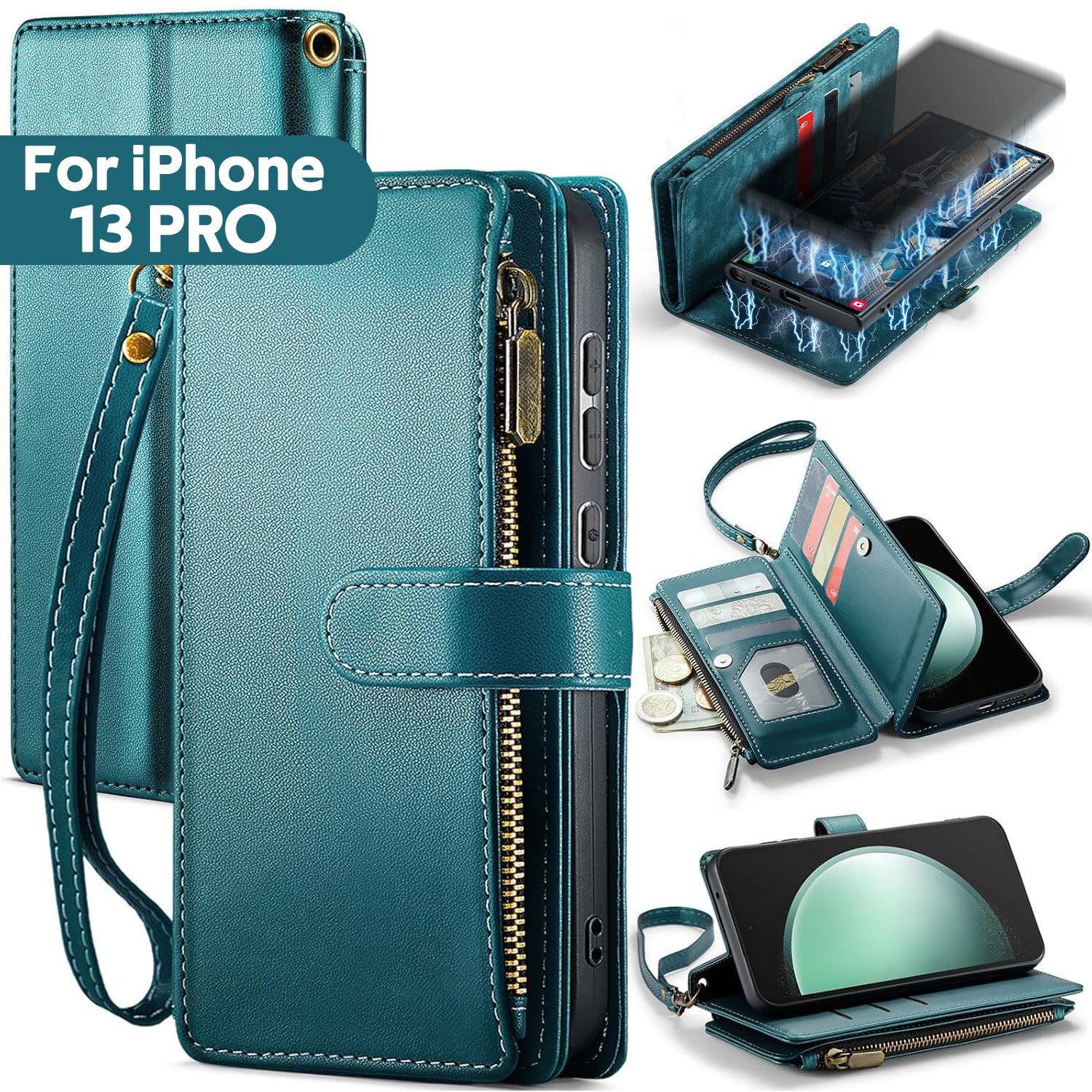 iPhone 13 Pro Case RFID-Blocking Detachable Zip Wallet Card Cover GREEN
