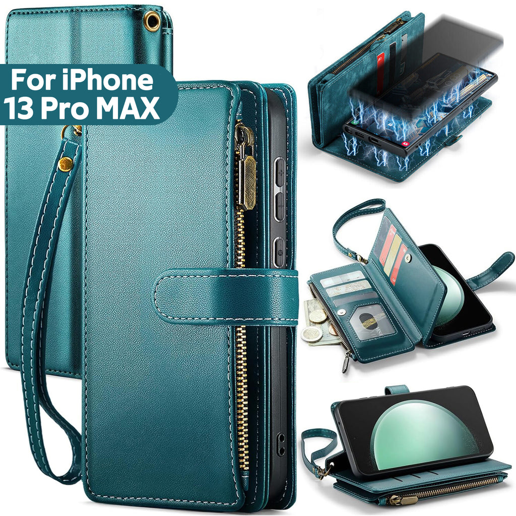 iPhone 13 Pro Max Case RFID-Blocking Detachable Zip Wallet Card Cover GREEN