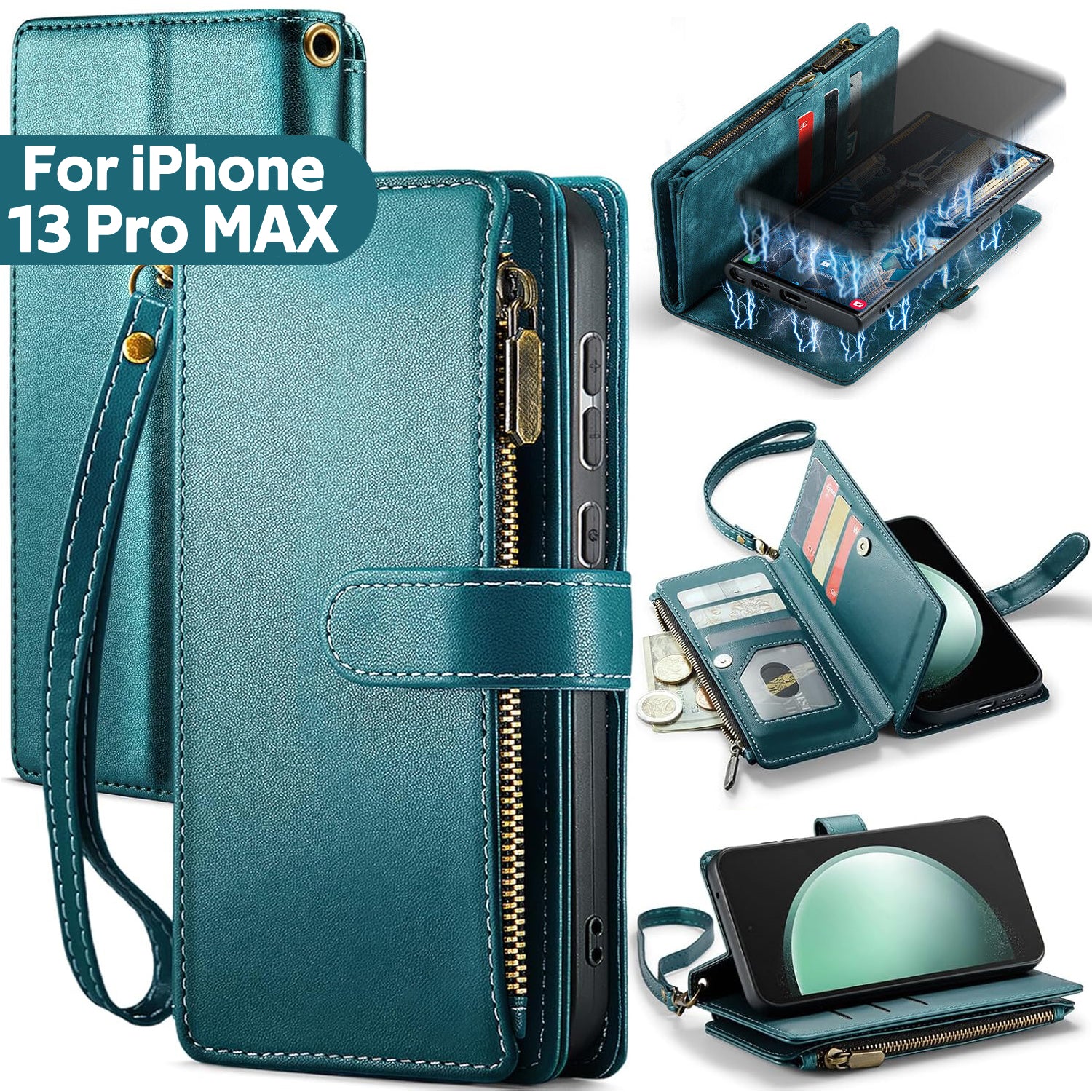 iPhone 13 Pro Max Case RFID-Blocking Detachable Zip Wallet Card Cover GREEN