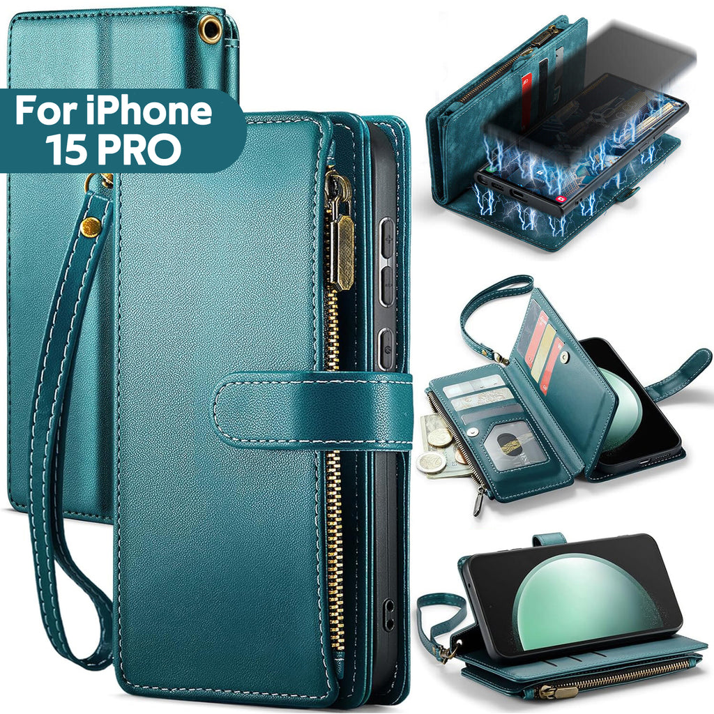 iPhone 15 Pro Case RFID-Blocking Detachable Zip Wallet Card Cover GREEN