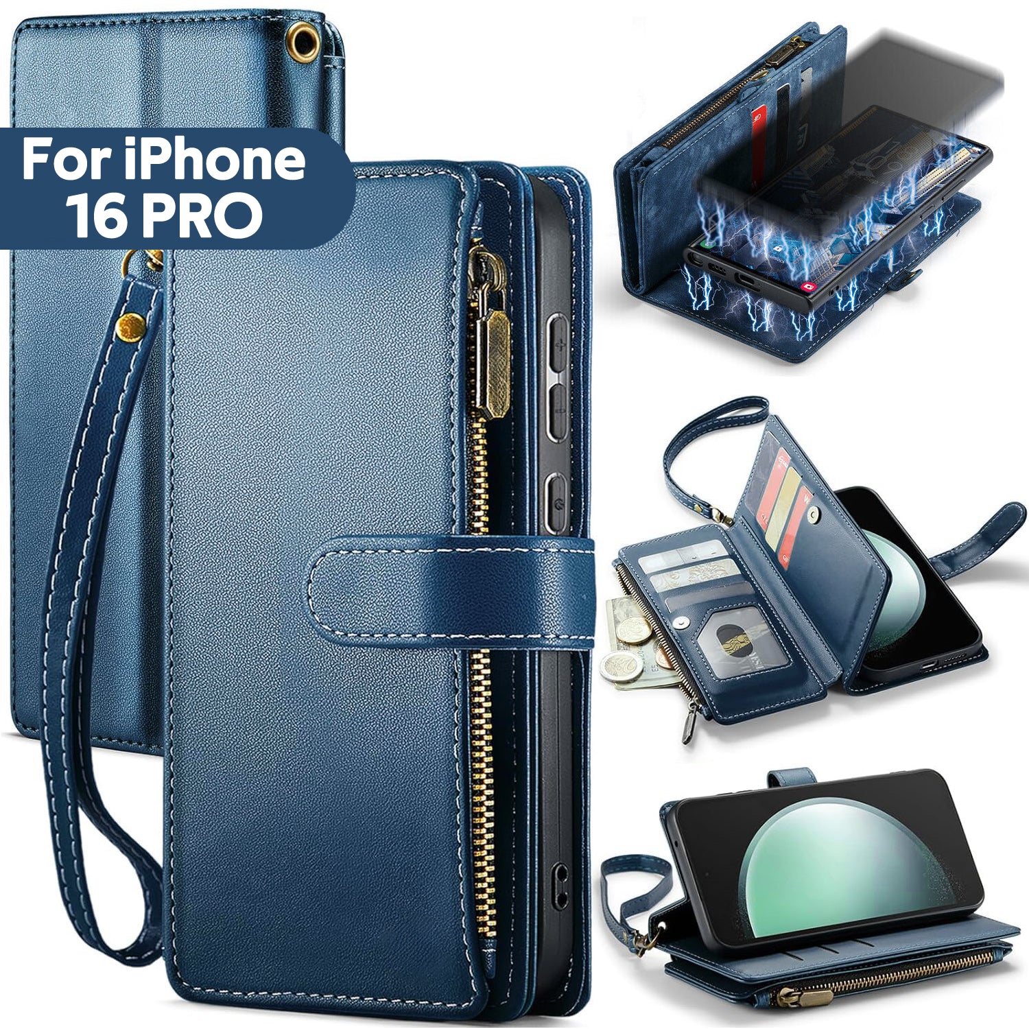 iPhone 16 Pro Case RFID-Blocking Detachable Zip Wallet Card Cover BLUE