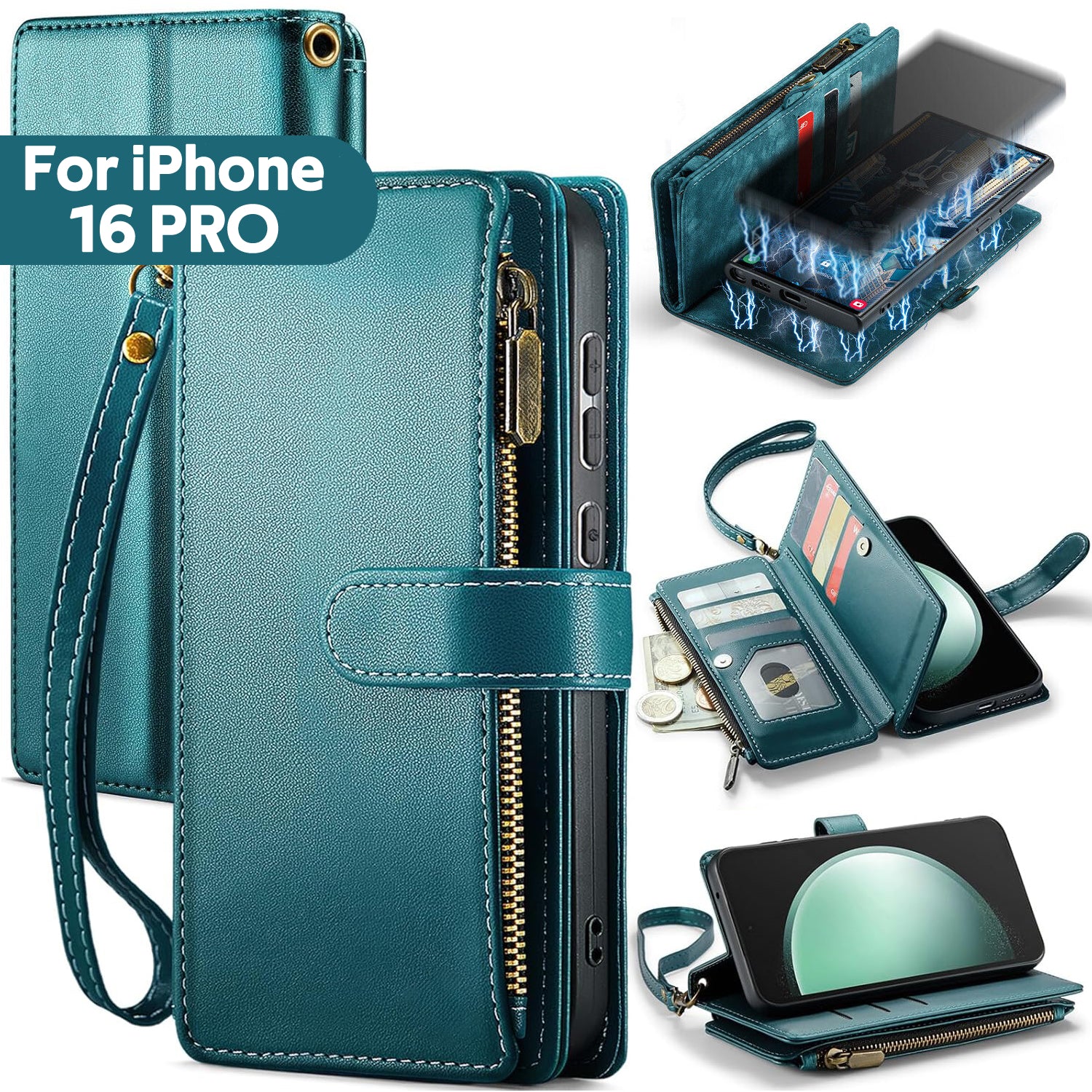 iPhone 16 Pro Case RFID-Blocking Detachable Zip Wallet Card Cover GREEN