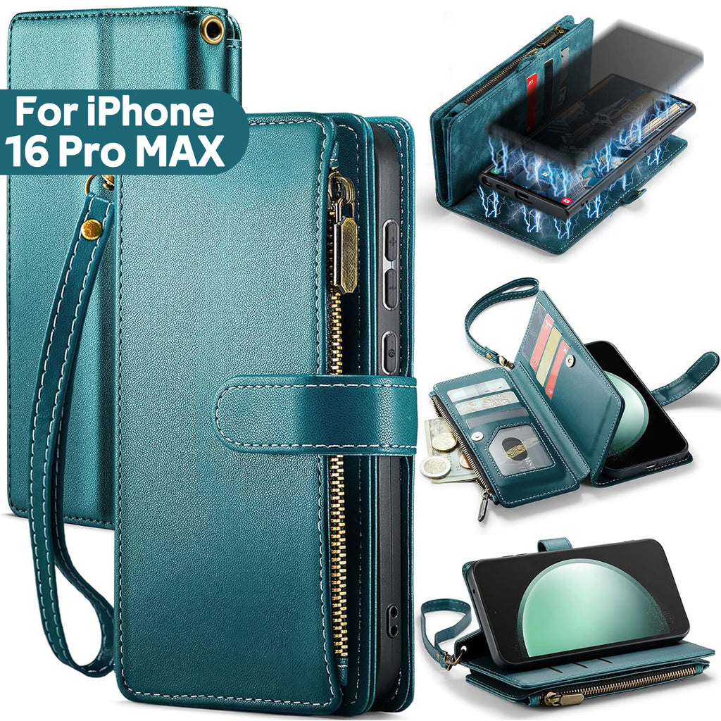 iPhone 16 Pro Max Case RFID-Blocking Detachable Zip Wallet Card Cover GREEN