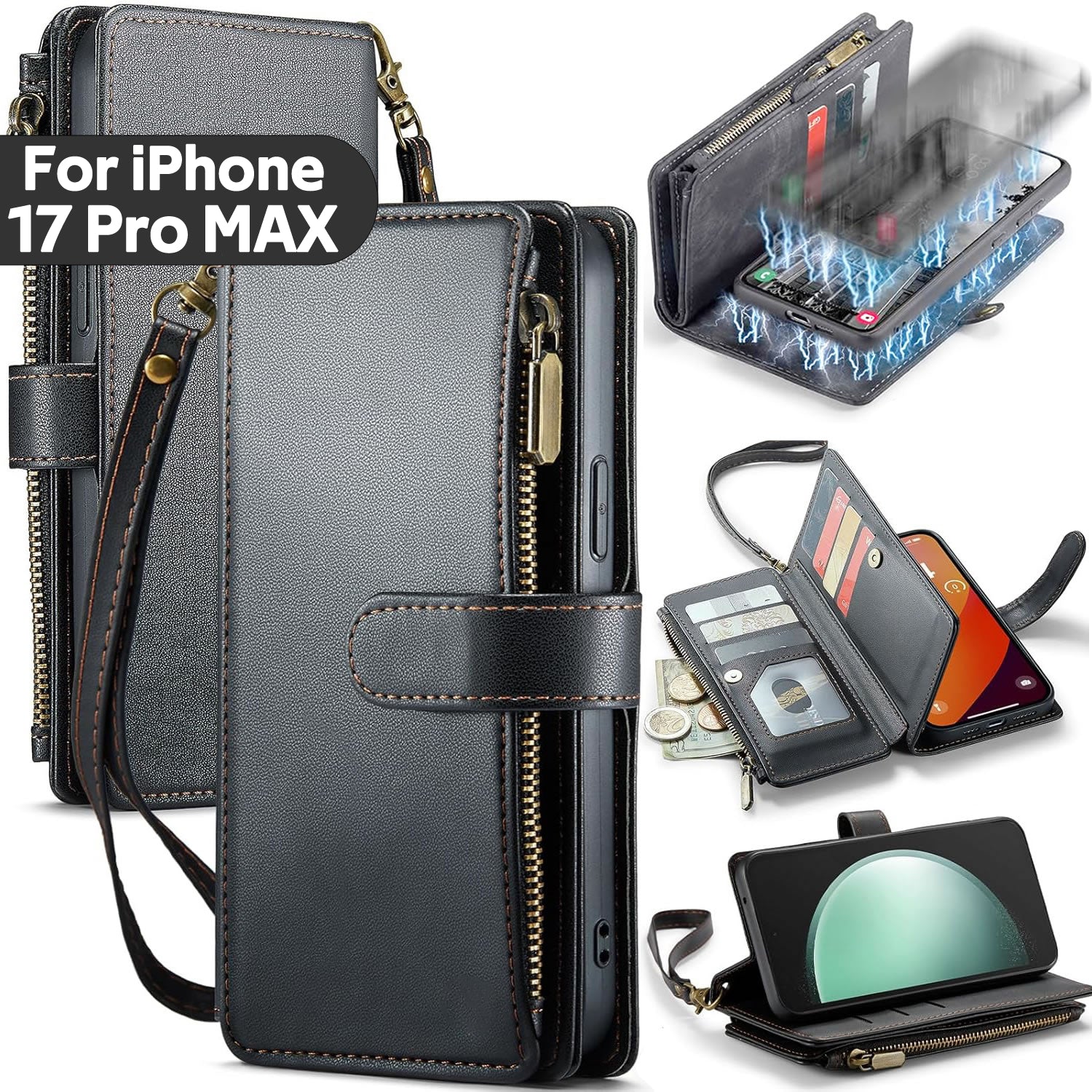iPhone 17 Pro Max Case RFID-Blocking Detachable Zip Wallet Card Cover BLACK