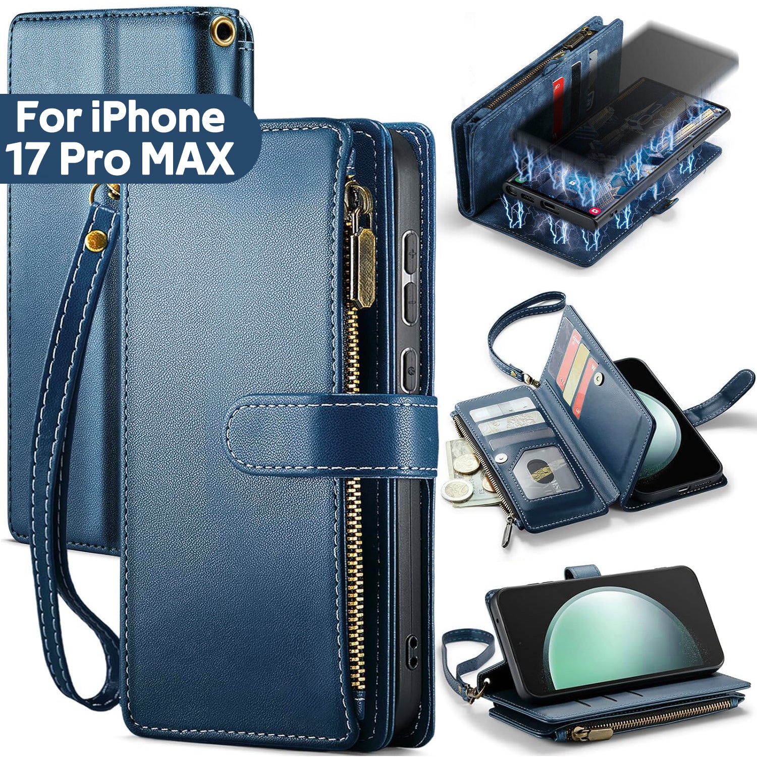 iPhone 17 Pro Max Case RFID-Blocking Detachable Zip Wallet Card Cover BLUE