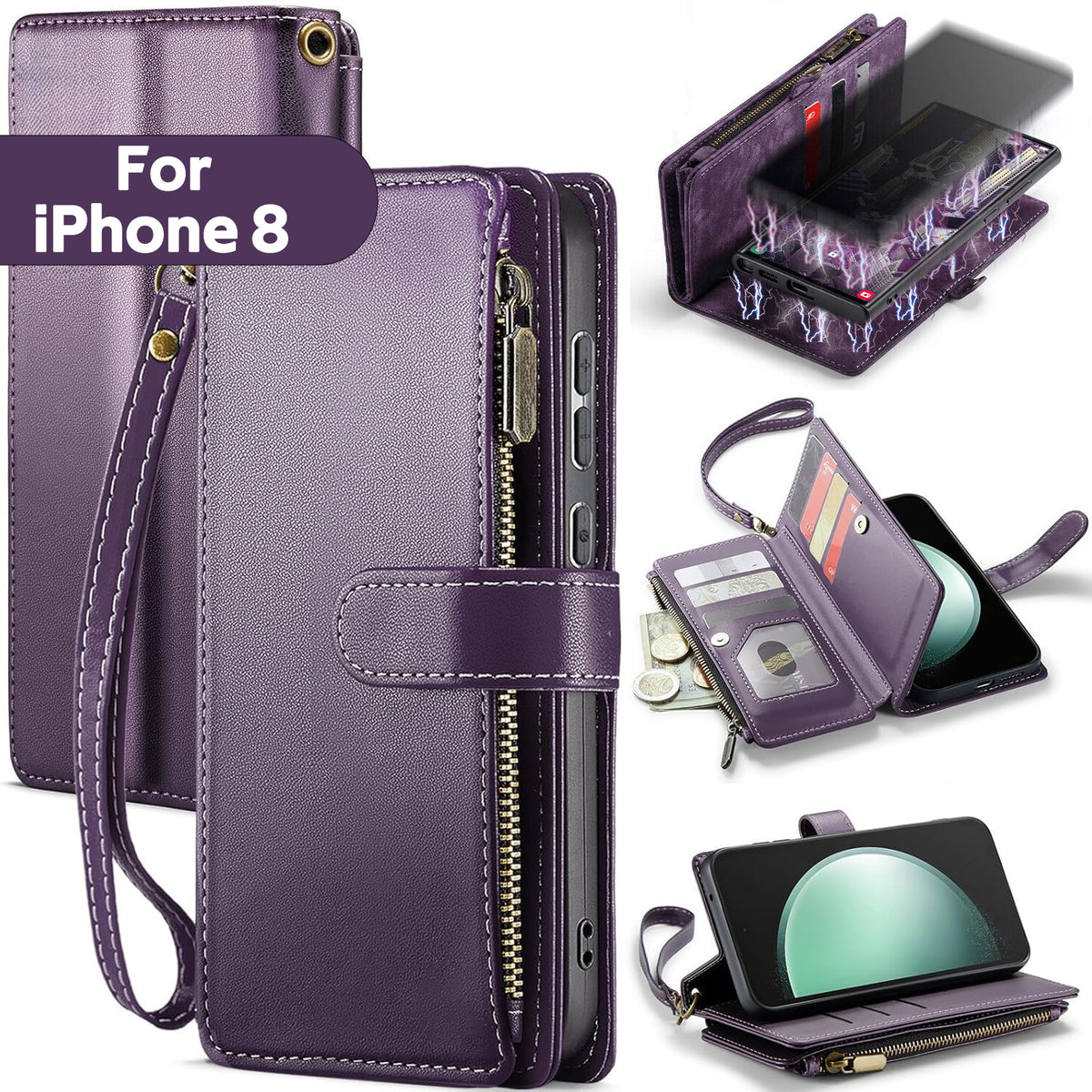 iPhone 8 Case RFID-Blocking Detachable Zip Wallet Card Cover PURPLE