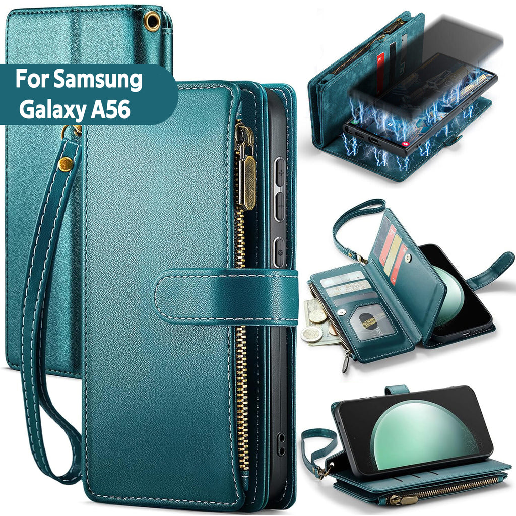 Samsung A56 Case RFID-Blocking Detachable Zip Wallet Card Cover GREEN