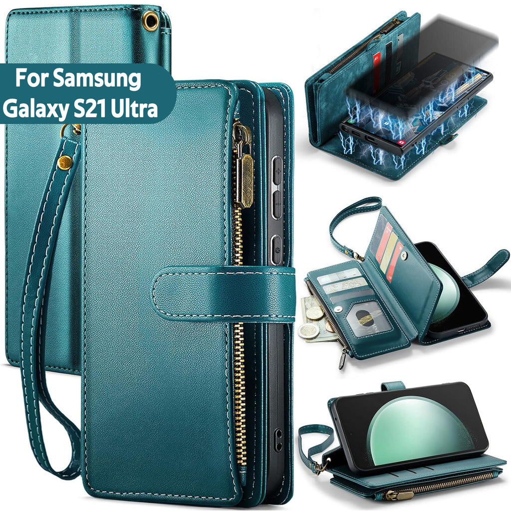 Samsung S21 Ultra Case RFID-Blocking Detachable Zip Wallet Card Cover GREEN