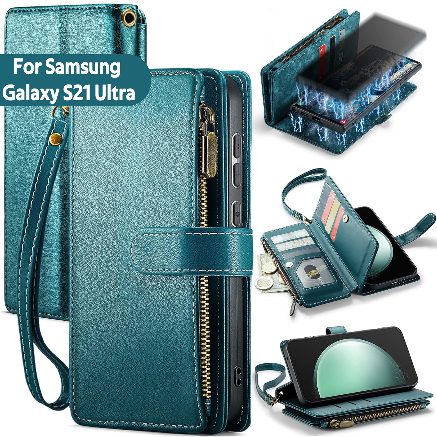 Samsung S21 Ultra Case RFID-Blocking Detachable Zip Wallet Card Cover GREEN