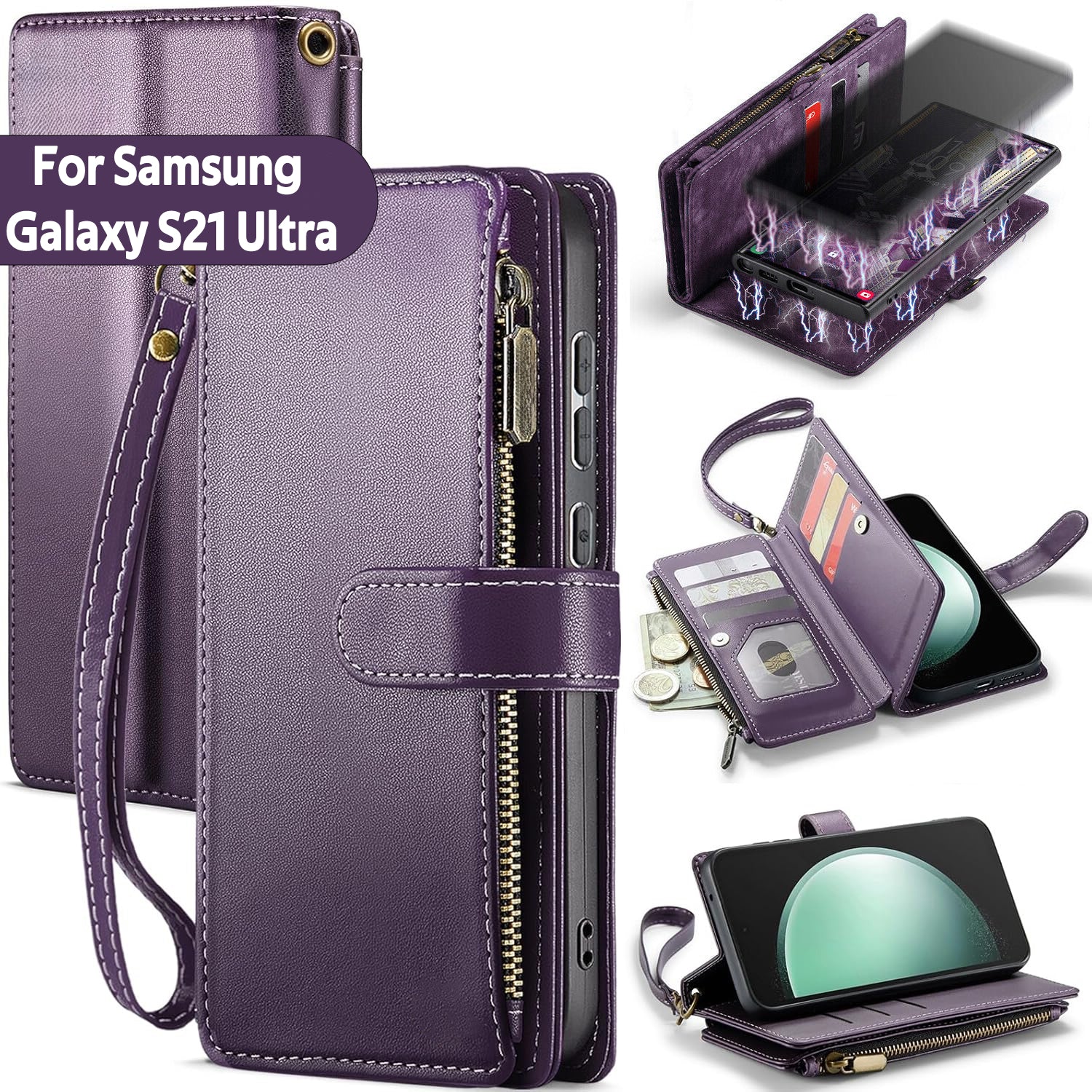 Samsung S21 Ultra Case RFID-Blocking Detachable Zip Wallet Card Cover PURPLE