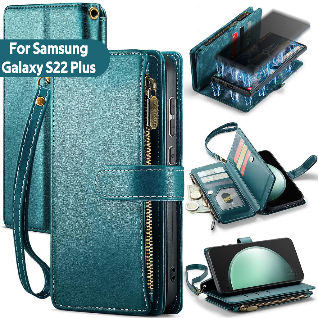 Samsung S22 Plus Case RFID-Blocking Detachable Zip Wallet Card Cover GREEN