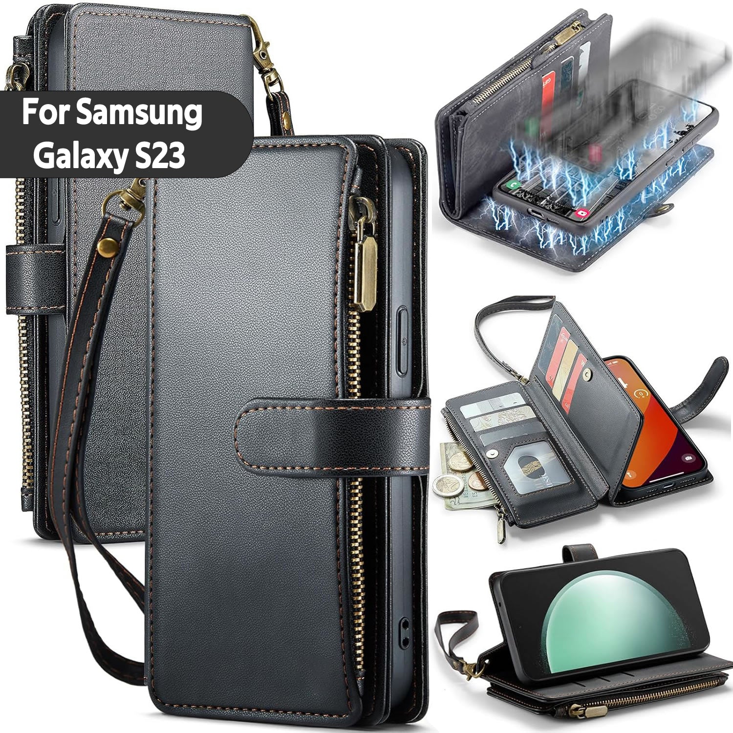 Samsung S23 Case RFID-Blocking Detachable Zip Wallet Card Cover BLACK