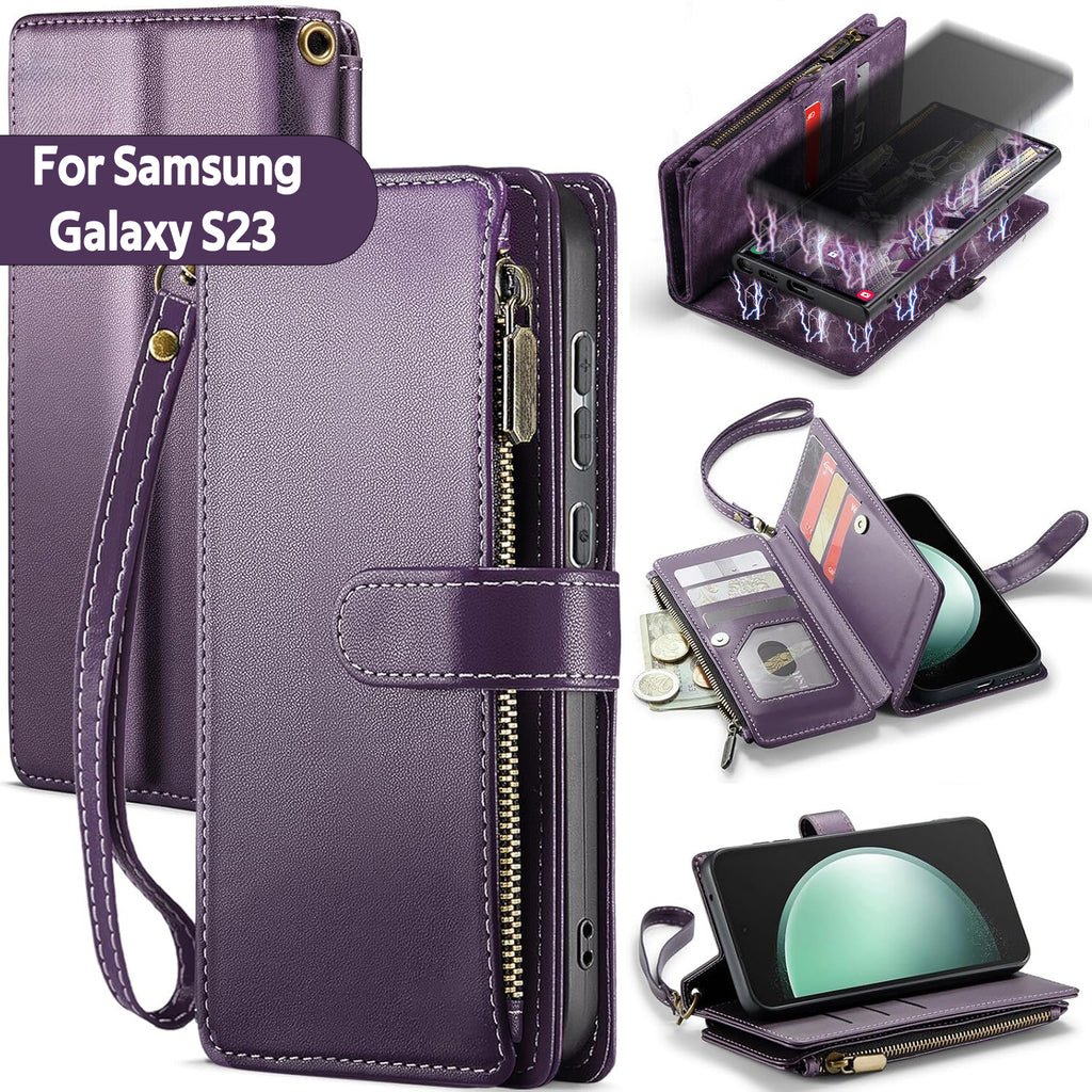 Samsung S23 Case RFID-Blocking Detachable Zip Wallet Card Cover PURPLE