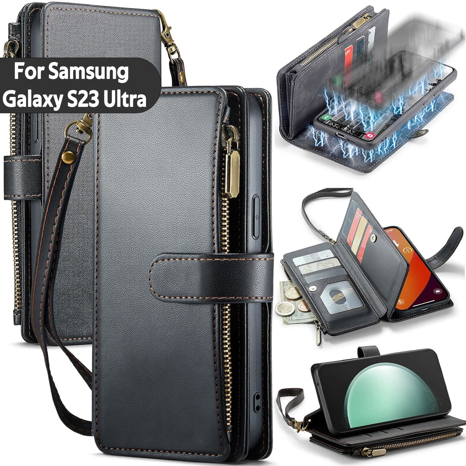 Samsung S23 Ultra Case RFID-Blocking Detachable Zip Wallet Card Cover BLACK