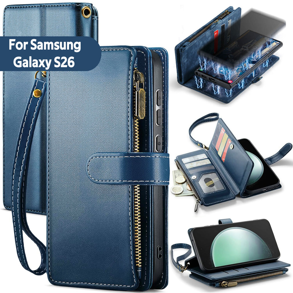 Samsung S26 Case RFID-Blocking Detachable Zip Wallet Card Cover BLUE