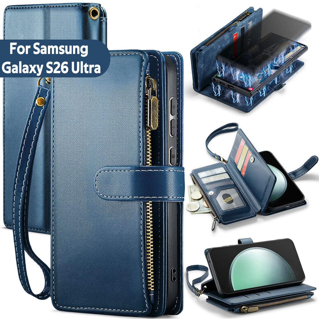 Samsung S26 Ultra Case RFID-Blocking Detachable Zip Wallet Card Cover BLUE