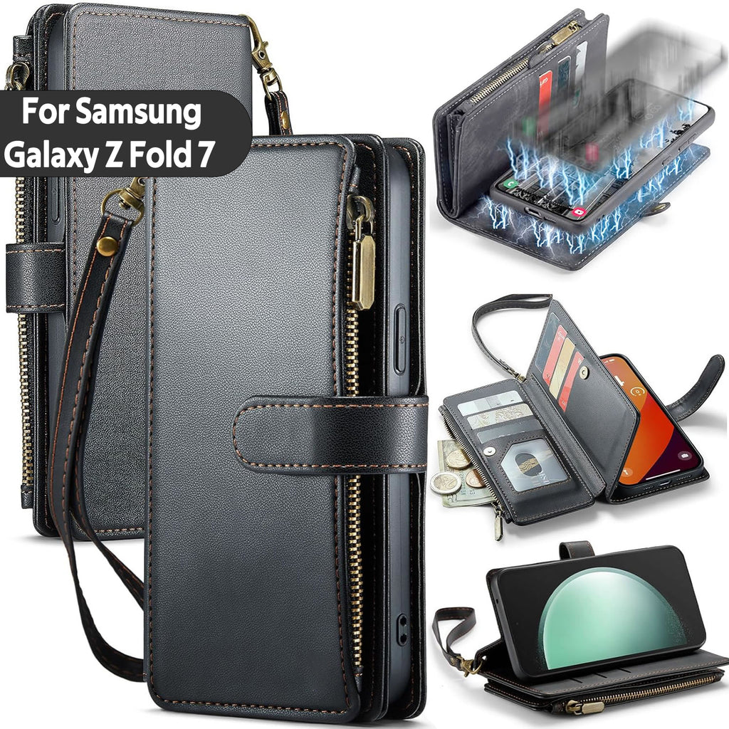Samsung Z Fold 7 Case RFID-Blocking Detachable Zip Wallet Card Cover BLACK