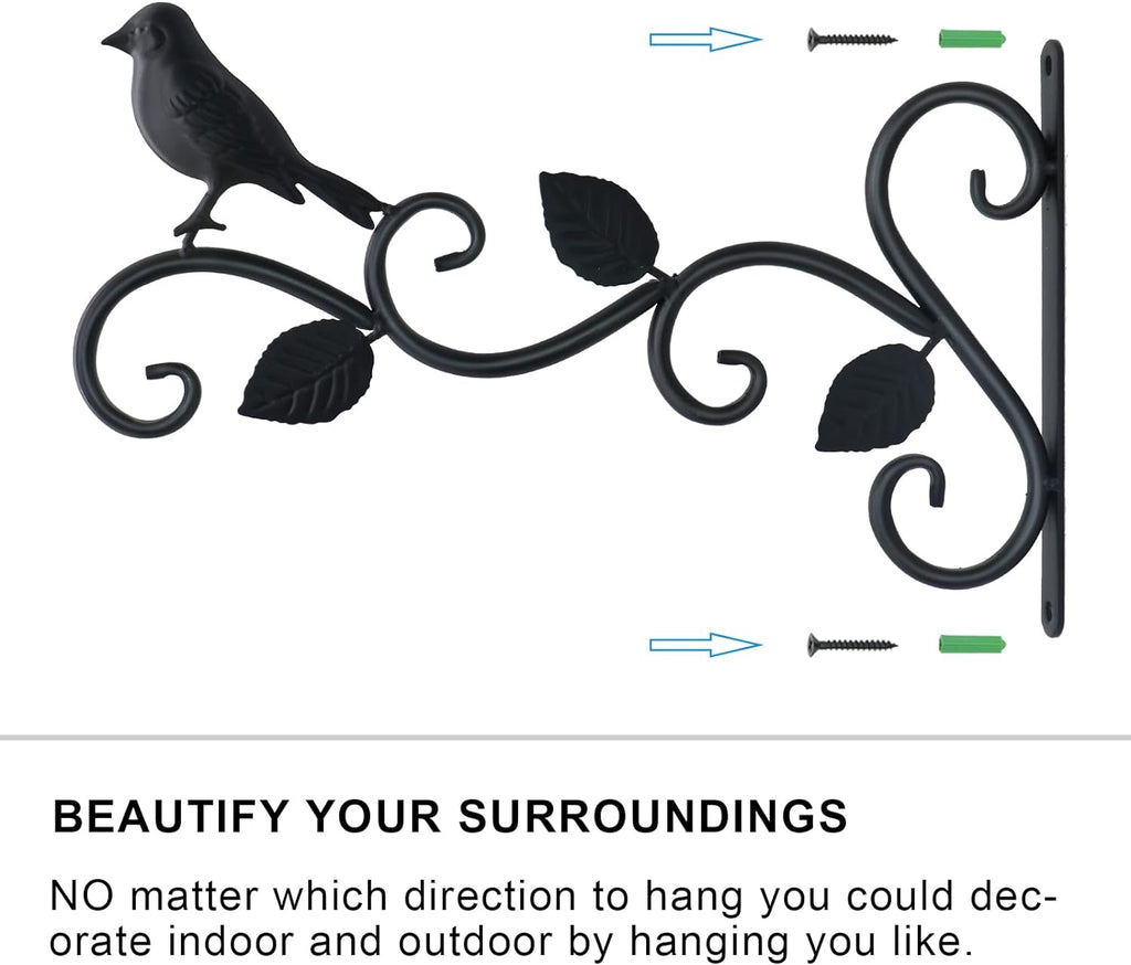 2pcs Black Wrought Iron Wall Hooks Decorative Brackets for Planters Lanterns