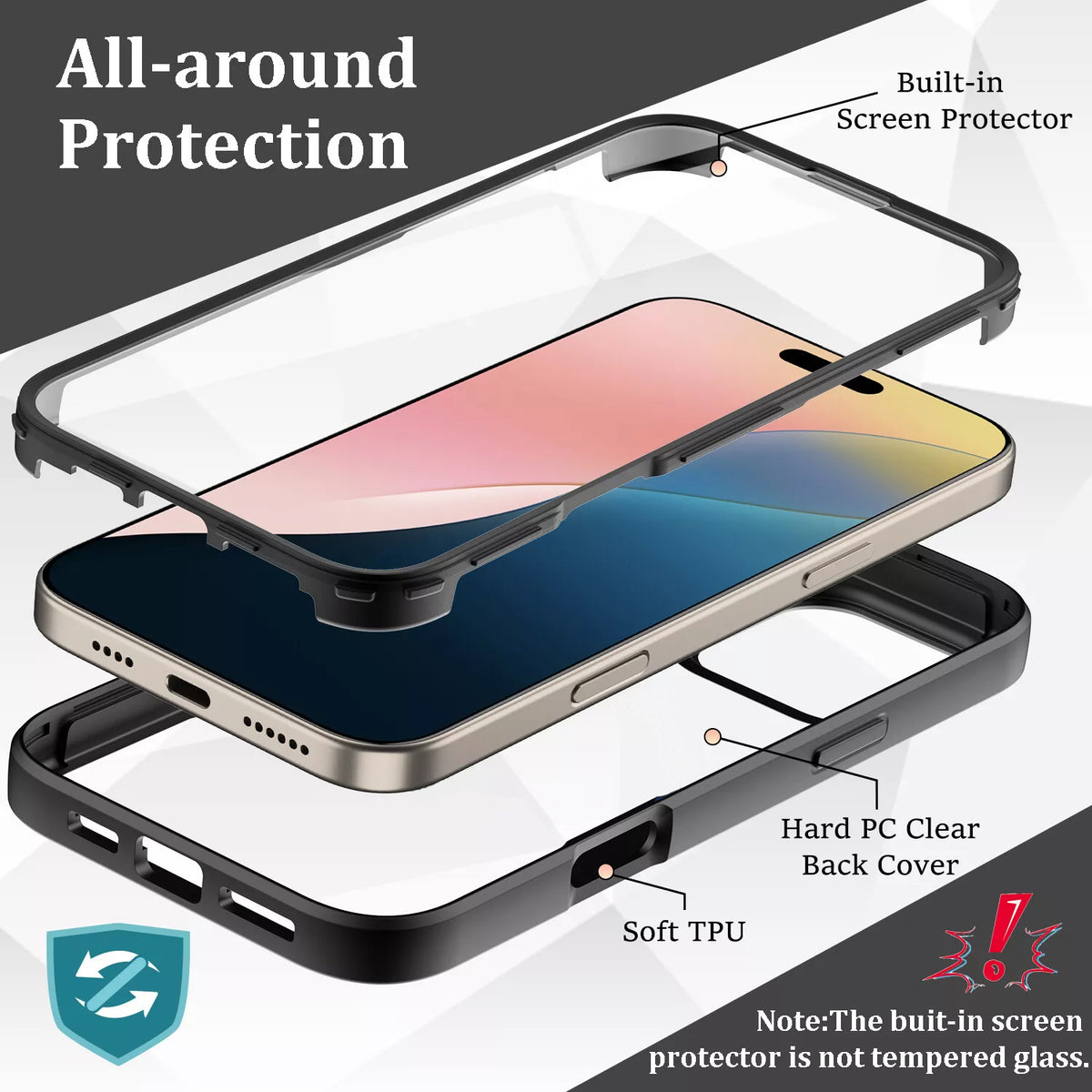iPhone 16 Pro Case With Built-in Screen Protector BLACK