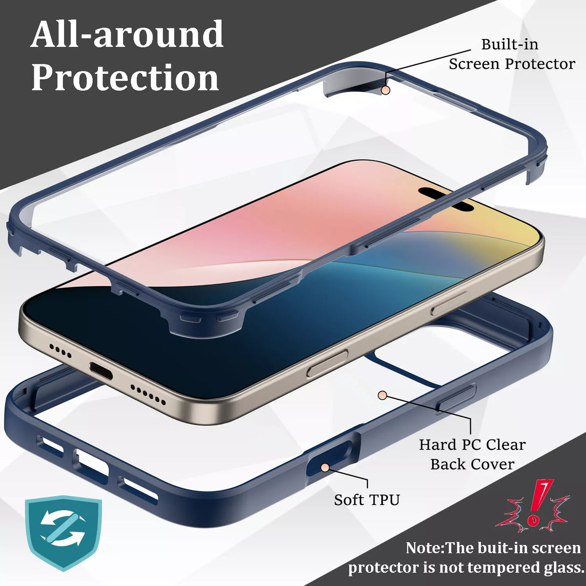 iPhone 16 Pro Case With Built-in Screen Protector BLUE