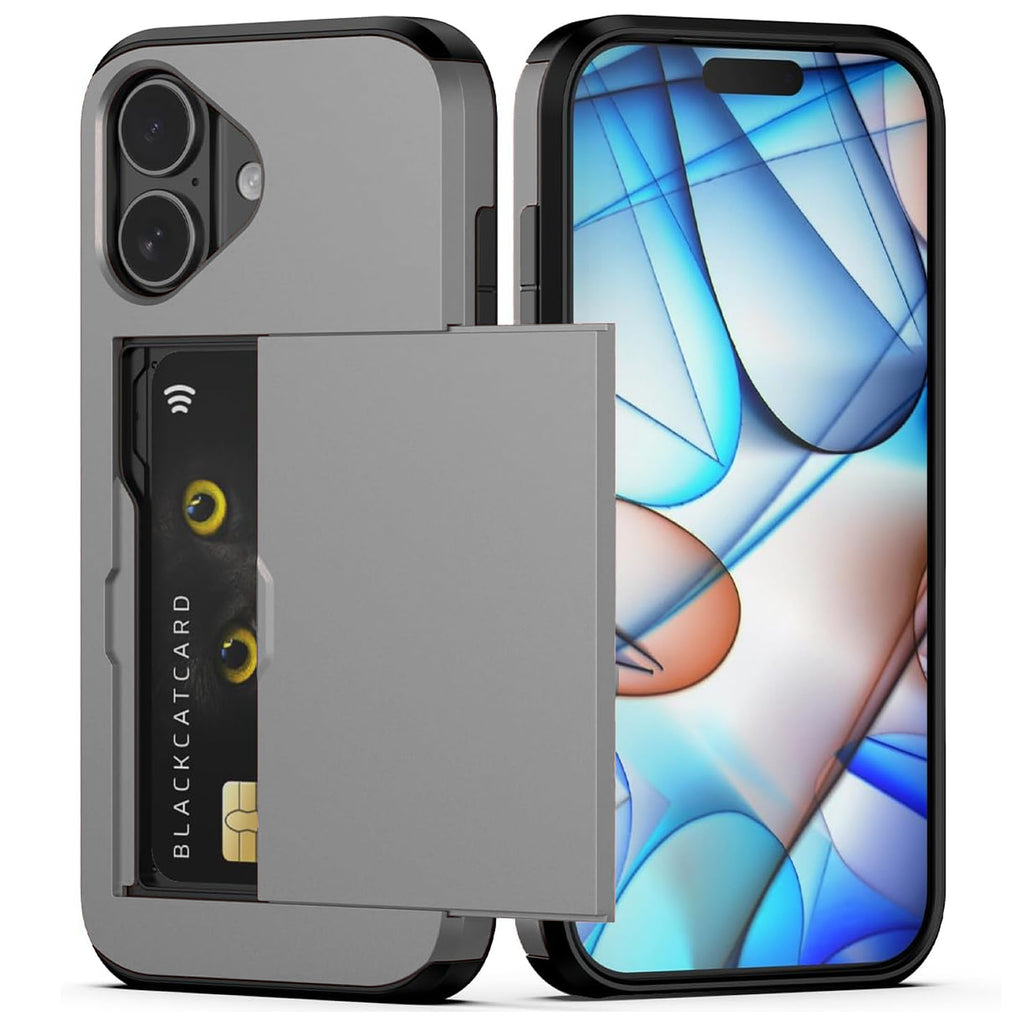 iPhone 16 Shockproof Wallet Case Card Cover GREY