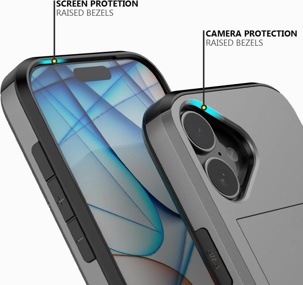 iPhone 16 Shockproof Wallet Case Card Cover GREY