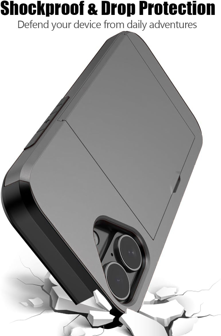 iPhone 16 Shockproof Wallet Case Card Cover GREY