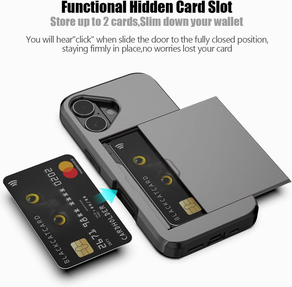 iPhone 16 Shockproof Wallet Case Card Cover GREY