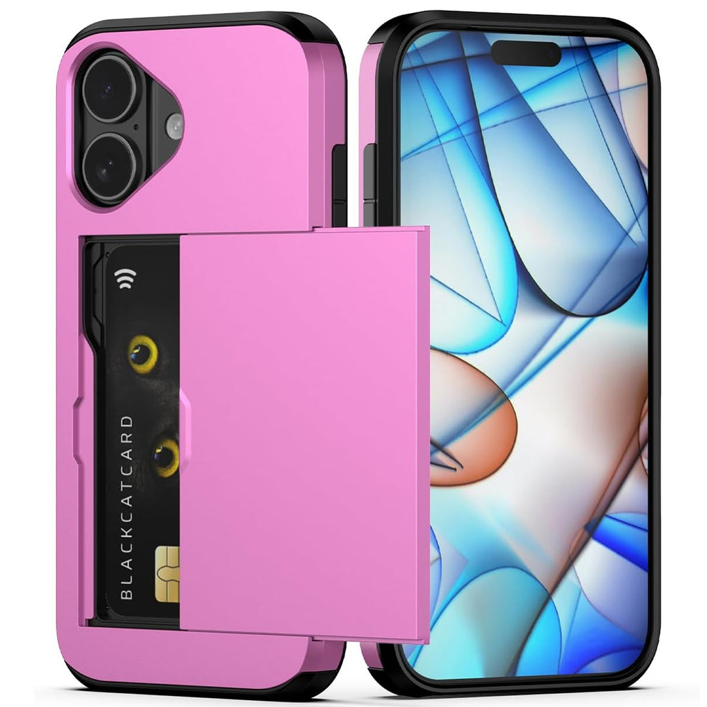 iPhone 16 Shockproof Wallet Case Card Cover HOT PINK