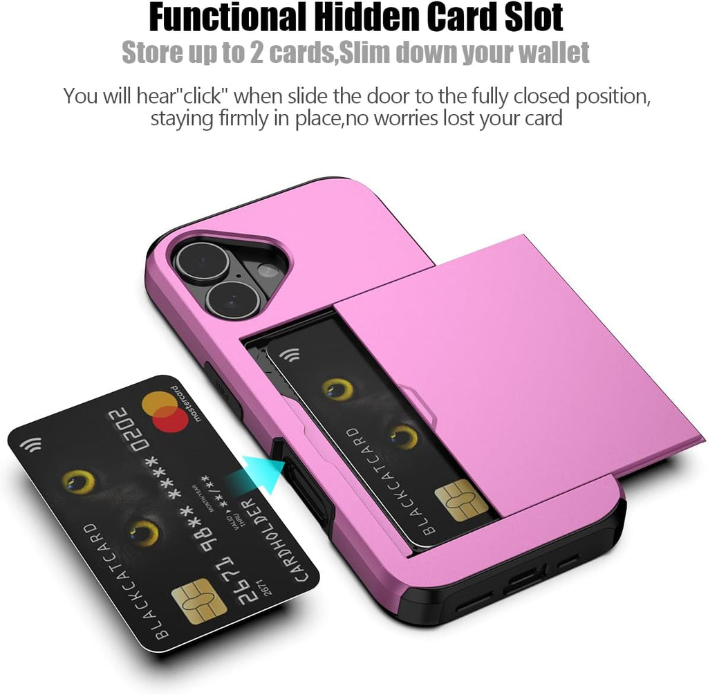 iPhone 16 Shockproof Wallet Case Card Cover HOT PINK