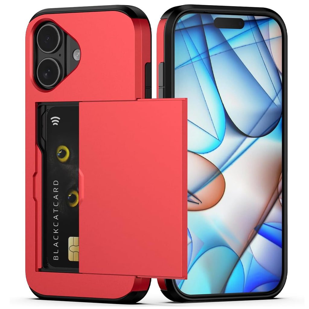 iPhone 16 Shockproof Wallet Case Card Cover RED