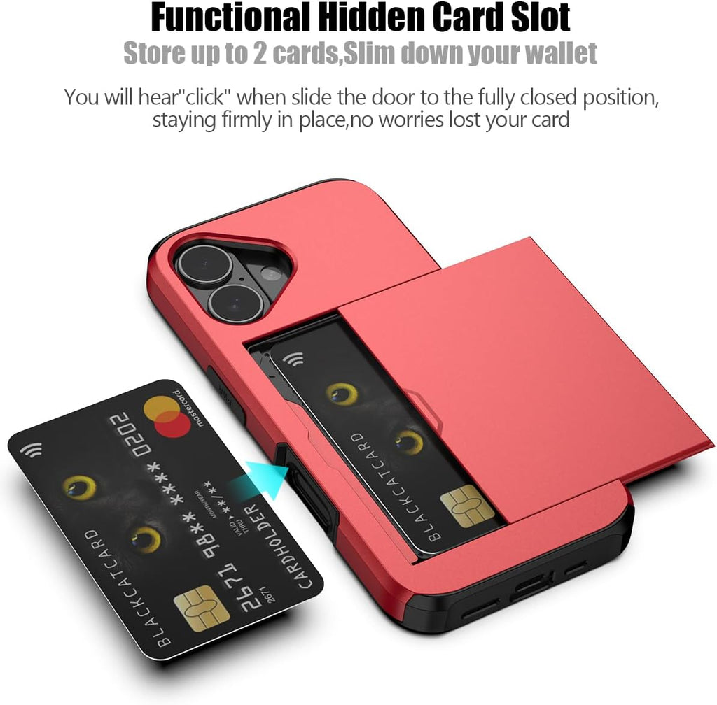 iPhone 16 Shockproof Wallet Case Card Cover RED