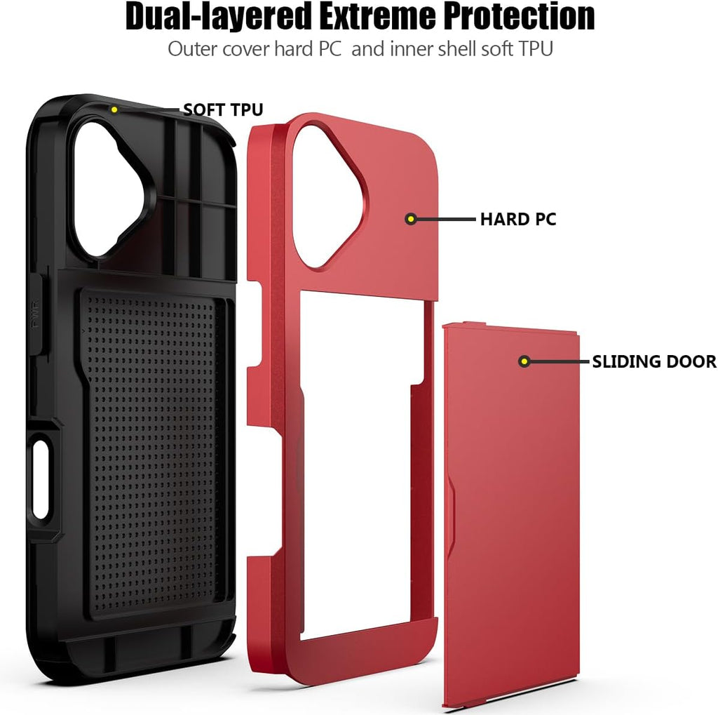 iPhone 16 Shockproof Wallet Case Card Cover RED