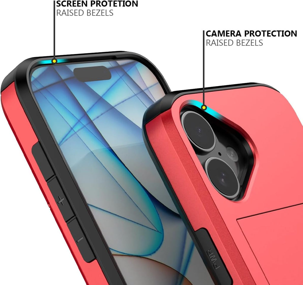 iPhone 16 Shockproof Wallet Case Card Cover RED
