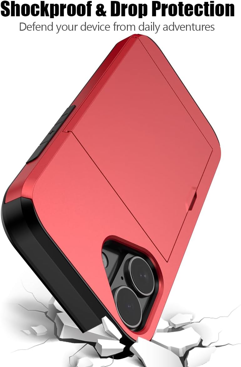 iPhone 16 Shockproof Wallet Case Card Cover RED